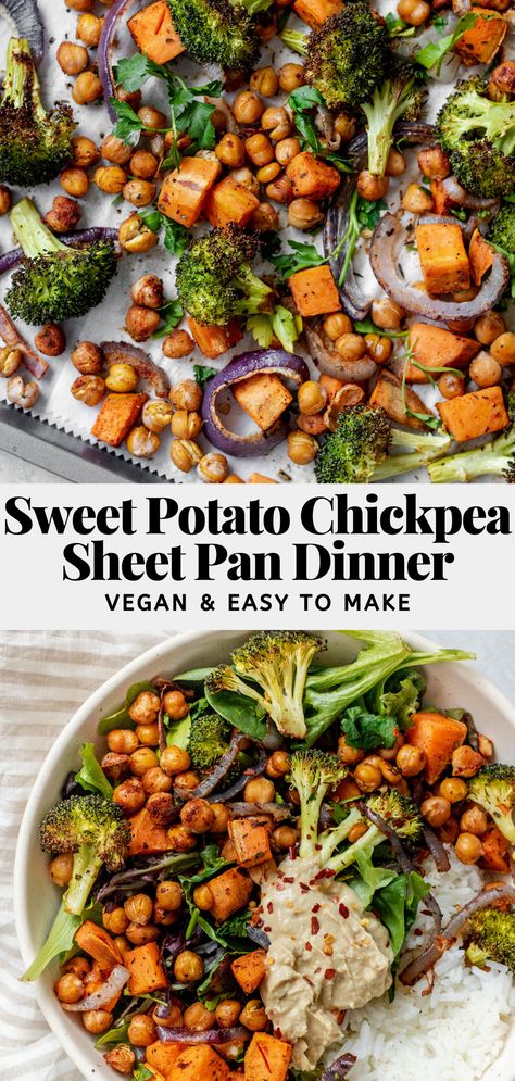 Broccoli Roasted, Potato Chickpea, Vegan Chickpea, Sheet Pan Dinners Recipes, Chickpea Recipes, Vegetarian Dinners, Think Food, Sheet Pan Dinners, Spices And Herbs