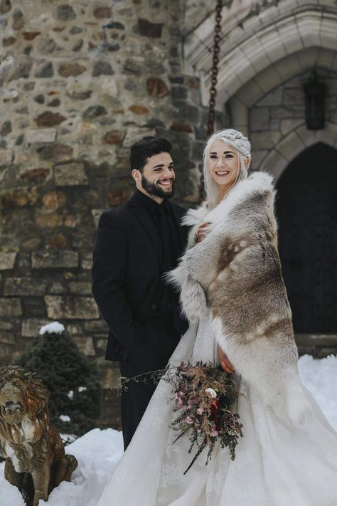 Winter Wedding Dress Fur, Cambria Wedding, Wedding Fur Coat, Game Of Thrones Wedding, Tangled Wedding, Nordic Wedding, Antler Wedding, Wedding Fur, Viking Wedding