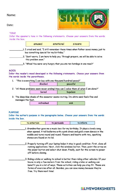 Tone And Mood Worksheet, Tone And Mood, Forgot My Password, Sixth Grade, School Subjects, Online Workouts, Saving Money, You Can Do, Speaker