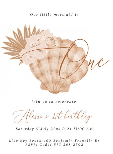 Shellabrate Party, Seashell Birthday Decorations, Seashell Birthday, Seashell First Birthday, Beach Girl Baby Shower Ideas, Shellebrate Birthday Party, Shellebrate Birthday, Shell Birthday Invitation, Beach Theme Birthday