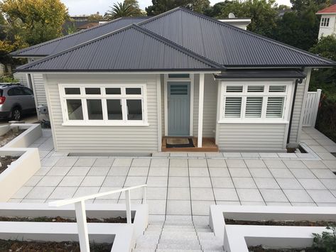 Grey Roof White House, Grey Roof House, Shale Grey Roof Colour Schemes, Grey Friars Roof Colour Schemes, Windspray Roof Colour Schemes, Grey Roof House Colors, Colorbond Roof Colours, Steel Siding House, Grey Siding House