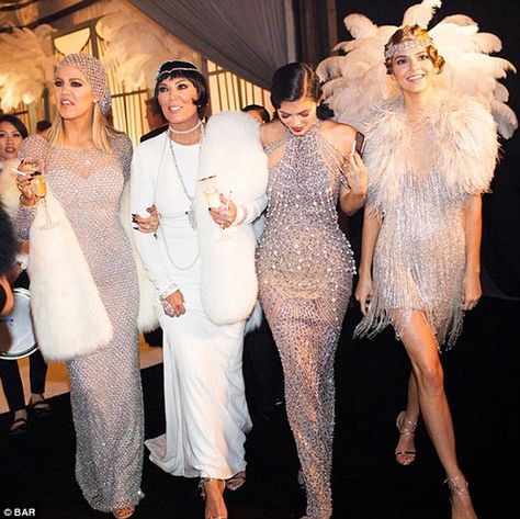 A look: Khloe here is pulling an awkward face as she walks with Kris, Kylie and Kendall Chiffon Headwrap, Great Gatsby Outfit, Great Gatsby Outfits, Gatsby Party Outfit, Gatsby Outfit, Look Gatsby, Gatsby Birthday, Decades Party, Gatsby Birthday Party