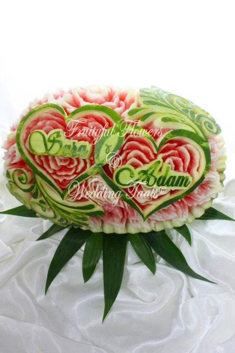 Fruit Wedding Decoration, Wedding Decor Fruit, Tropical Fruit Centerpiece Wedding, Tropical Fruit Wedding Decor, Wedding Watermelon Carving, Watermelon Carving Wedding, Watermelon Wedding, Food Garnish, Watermelon Art