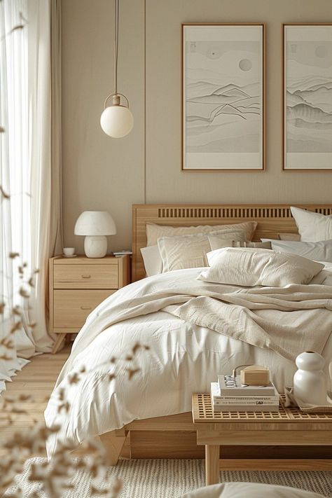 Master Bed Aesthetic, Bedroom Soft Colors, Bedroom Ideas Clean Aesthetic, Bedroom Soft Lighting, Bedroom Scandinavian Style Cozy, Wood Bed Bedroom Ideas, Soft Cozy Bedroom Aesthetic, Cream Color Room, Cozy Lighting Bedroom