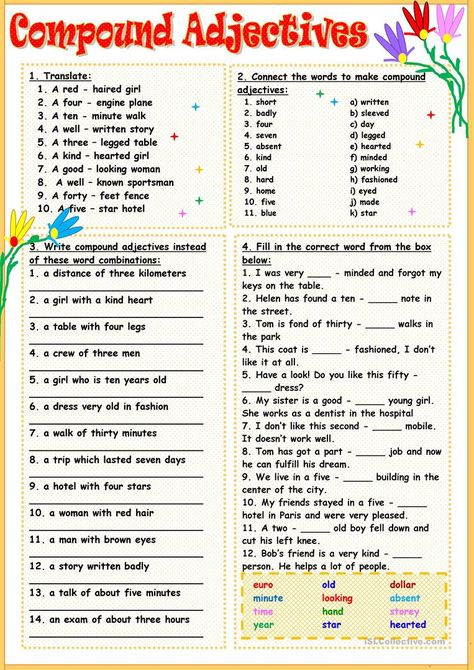 Compound Adjectives, Emotions Worksheet, Simile Worksheet, Adjectives Worksheet, Teaching Adjectives, Compound Words Worksheets, Kids Handwriting Practice, English Adjectives, Adjective Worksheet