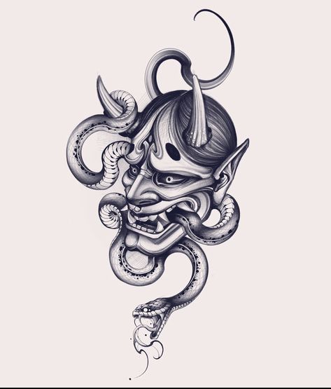 Oni And Snake Tattoo, Oni Snake Tattoo, Hannya Snake Tattoo, Mascara Hannya, Samurai Mask Tattoo, Oni Mask Tattoo, Samurai Warrior Tattoo, Charm Tattoo, Hannya Mask Tattoo