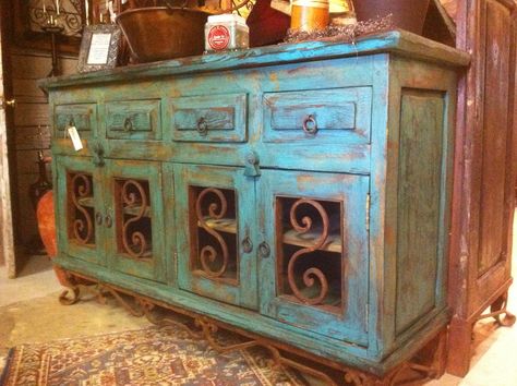 Love this piece, and this as an accent color - would love a smaller version of this, not necessarily this color by the little front door, coat closet area Western Style Kitchen, Southwestern Furniture, Antique Buffet, Shabby Chic Dresser, Western Furniture, Western Homes, Distressed Furniture, Western Home Decor, Style Kitchen