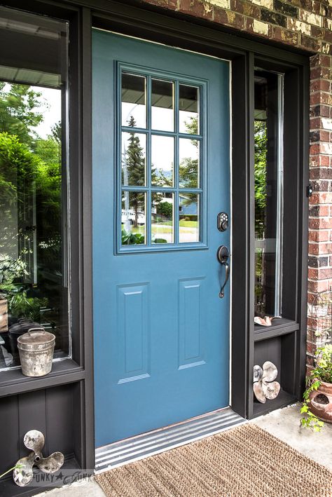 From abandoned home burgundy, to high-five blue! Gorgeous, Industrial front door redo with painting tips, using Homestead Blue by Fusion Mineral Paint. / funkyjunkinteriors.net Industrial Front Door, Industrial Front Doors, Door Redo, Garage Door Types, Blue Front Door, Front Door Paint Colors, House Trim, Door Paint Colors, Funky Junk Interiors