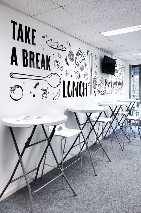 Food Office Design, Cafe Room Ideas, Office Cafeteria Wall Design, College Cafeteria Design, Cafeteria Wall Design, Restaurant Wall Design Ideas, Unique Restaurant Interior, Cafe Wall Design, Wall Graphics Restaurant