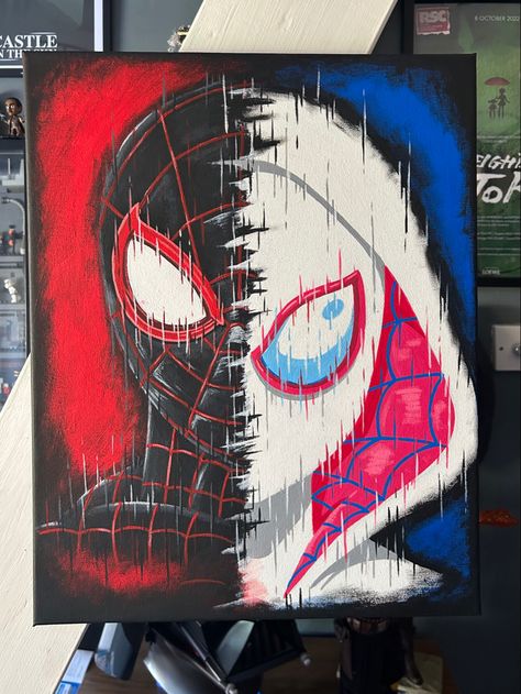 Spiderman Across The Spider Verse Canvas Painting, Spiderverse Painting Canvas, Ps5 Painting Ideas, Spider Man Painting Ideas, Spider Verse Painting, Spider Verse Sketch, Spider Man Canvas Painting, Spiderman Painting On Canvas, Marvel Painting Ideas