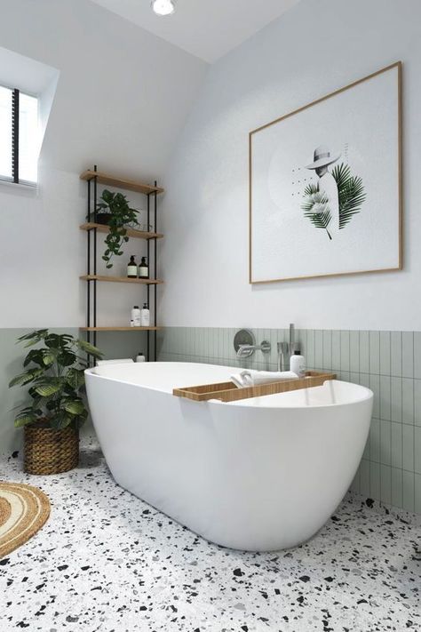 a serene neutral bathroom with a light green tile stacked backsplash, a terrazzo floor, an oval tub, potted plants and a bold artwork Bathroom Terrazzo, Terrazzo Bathroom, Neutral Bathroom, Bathroom Design Decor, Upstairs Bathrooms, Bathroom Inspiration Decor, Green Bathroom, Main Bathroom, Bathroom Renos