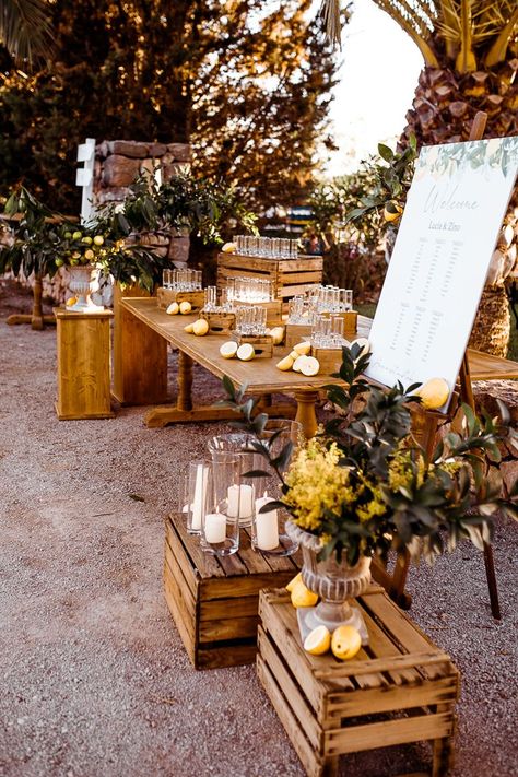 Tall Candles Wedding, Rehearsal Dinner Inspiration, Tree Colour, Rustic Italian Wedding, Wedding Welcome Table, Tall Candles, Italian Party, Olive Wedding, Dark Wood Table