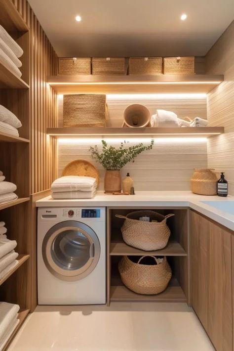 Utility Room Ideas Modern, Utility And Laundry Room Ideas, Storage Room With Laundry, Minimalist Storage Room, Storage Home Ideas, Utility Room Office, Laundry Room In The Kitchen, Light Oak Laundry Room, Japandi Laundry Room Ideas