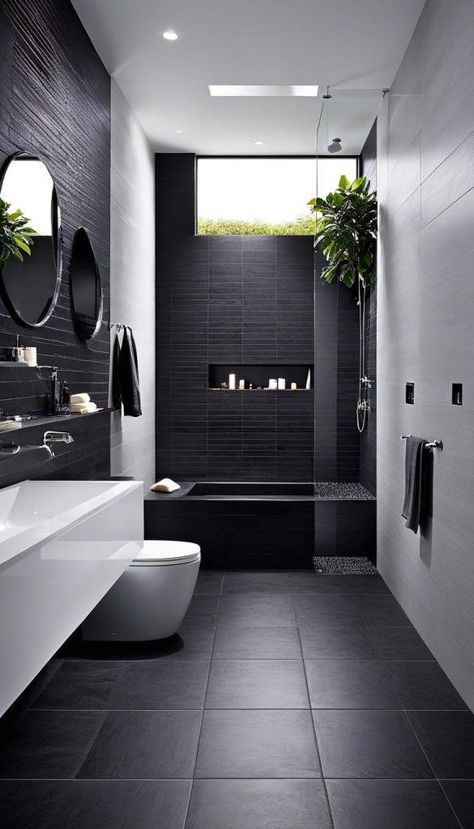 Modern Bathroom Interior Design Ideas, Black Tile For Bathroom, Dark Tiles In Bathroom, Dark Tiled Bathrooms, Black And White Basement Ideas, Black And White Bathroom Ideas Decor, Black And White Interior Design Modern, Modern Bathrooms Designs, Modern Small Bathroom Designs