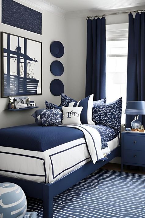 Boys Blue Bedroom Ideas, Blue Bedroom Ideas For Boys, Redoing Bedroom, Navy Bedroom Ideas, Small Boys Room, Teddy Wallpaper, Navy Blue Rooms, Small Boys Bedrooms, How To Mix Colors