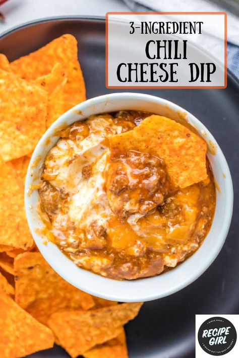 Chili Cheese Dip recipe from RecipeGirl.com #chili #cheese #dip #recipe #RecipeGirl Chili Cheese Dip, Hormel Chili Cheese Dip, Chili Cheese Dip Recipes, Chili Cheese Dips, Creamy Garlic Sauce, Cheese Dip Recipes, Chili Cheese, Tailgating Recipes, Snack Dip