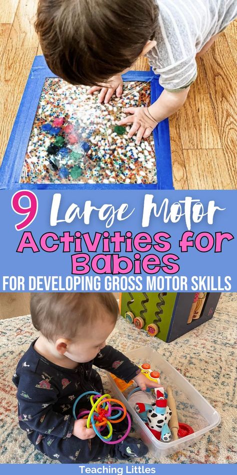 Babies work on developing gross motor skills for several years, and large motor activities for infants help work on new milestones. Try these activities; they'll keep your baby entertained and learning! Infants Learning Activities, Gross Motor Activity For Infants, Movement Activities For Infants, Gross And Fine Motor Activities For Infants, Infant Programming Ideas, Large Motor For Infants, Infant Large Group Activities, Gross Motor Activities For 6-12 Months, Fine Motor Skills Activities Infants