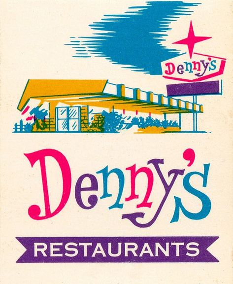 vintage colorful MidCentury Dennys advertisement. pink, purple, blue, yellow, green. 1950s diners, vintage ephemera matchbook illustrations Colorful Midcentury, Vintage Diner, Mid Century Illustration, Vintage Restaurant, Retro Advertising, Retro Ads, Vintage Graphic Design, Retro Illustration, Vintage Ephemera