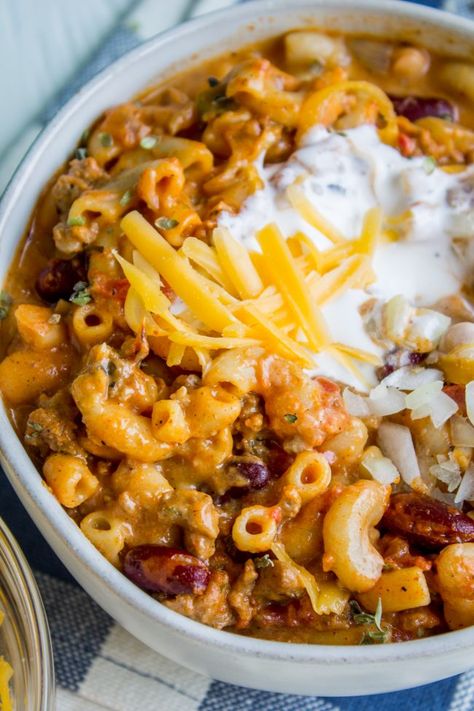 Dinner From Pantry Items, Pantry Meals Recipes, Chili Mac And Cheese Recipe, Chili Macaroni, Chili Mac Recipe, Chili Mac And Cheese, The Food Charlatan, Cheese Cheddar, Chili Mac