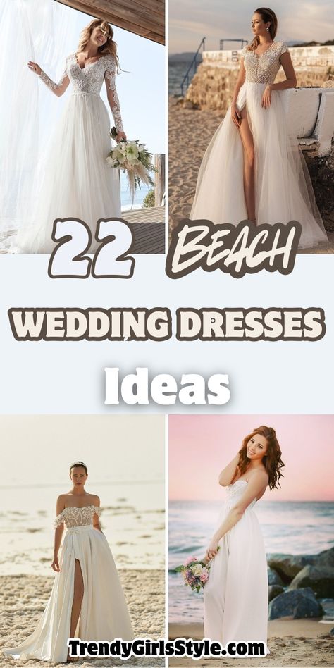 Image showcases four stunning beach wedding dress ideas with the text '22 Beach Wedding Dresses Ideas' displayed in soft brown and white tones. The top left features a long-sleeve lace gown with flowing tulle, while the top right highlights a tulle dress with a thigh-high slit. The bottom left shows an off-shoulder gown with a floral lace bodice, and the bottom right captures a strapless dress against a pink sunset. The theme emphasizes breezy, elegant styles for seaside weddings. Beach Wedding Gowns Flowy, Beach Bridal Dresses Simple, 2nd Wedding Dress Over 40 Beach, Beach Vibe Wedding Dress, Wedding Dress Hot Weather, Tropical Wedding Gown, Wedding Dresses Summer 2025, Beach Gowns Floral, Bridal Beach Dress