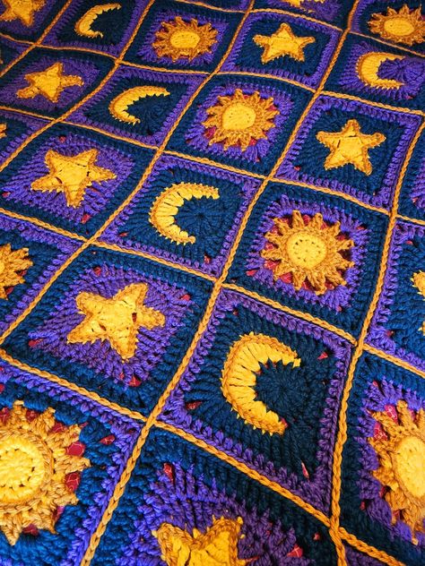 Sun Moon And Star Crochet Blanket, Celestial Granny Square Blanket, Sun Moon Star Granny Square, Space Baby Blanket Crochet, Crochet Blanket With Stars, Whimsigoth Crochet Blanket, Moon Blanket Crochet, Space Granny Square Crochet, Crochet Patterns Witchy