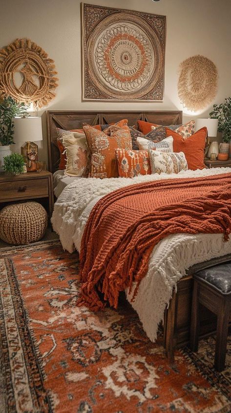 15 Unique Boho Bedroom Decor Ideas You Need To See Boho Bedroom With Color, Bohemian Eclectic Bedroom, Vibrant Boho Bedroom, Anthropology Bedroom, Bedroom Boho Ideas, Burnt Orange Bedroom Ideas, Orange Boho Bedroom, Mexican Style Bedroom, Cozy Warm Bedroom