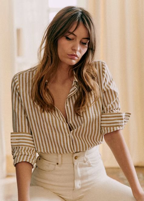 Tomboy Shirt - Ecru / Camel stripes - Organic Cotton - Sézane Tomboy Shirts, Style Parisienne, Paris Mode, Womens Long Sleeve Shirts, Embroidered Denim, White Pants, Long Blouse, Parisian Style, Look Fashion