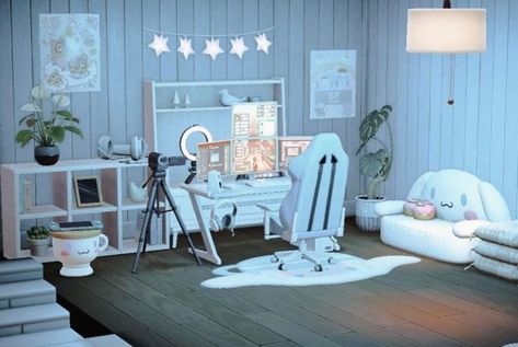 Animal Crossing Gaming Room Ideas, Acnh Cinnamoroll Room, Room Decor Animal Crossing, Acnh Gamer Room Ideas, Acnh Gaming Room Design, Acnh House Interior Blue, Ione House Ideas Acnh, Cute Acnh Living Room Ideas, Acnh Room Design Bedroom