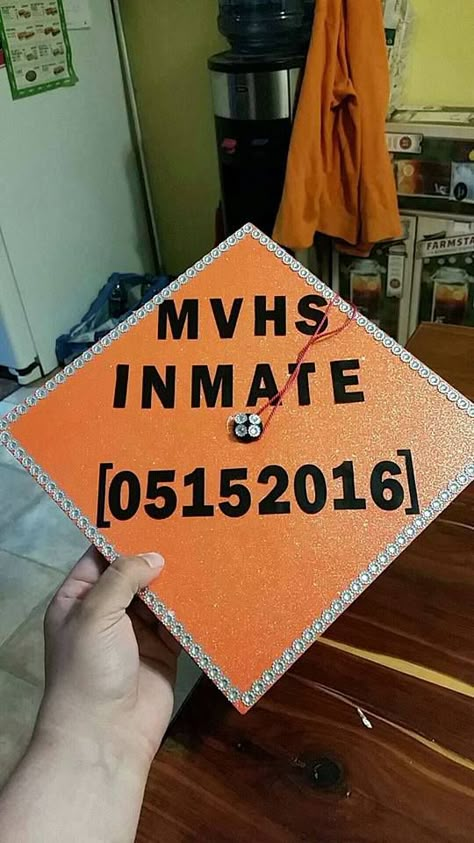 Graduation Cap created by Hannah -Instagram: throwdawg  I Used my schools initials (Missouri Valley High School) and made it like i was in prison (Hence the "INMATE" and then the date i graduated! Youngboy Graduation Cap, Cap Decoration Ideas High School, Graduation Cap Ideas Middle School, Graduation Cap Ideas Funny High School, Graduation Cap Designs J Cole, Scream Graduation Cap, Graduation Cap Designs High School 2024, High School Graduation Cap Designs Funny, Cars Graduation Cap