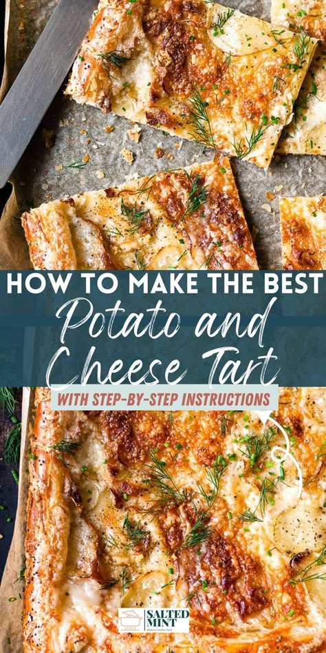 Enjoy this easy potato tart with cheese and puff pastry as a perfect summer appetizer. Simple and delicious, it's a great addition to your summer recipes. Potato Pastry Recipes, Potato Parmesan Tart, Puff Pastry Prosciutto Potato Tart, Dinner Puff Pastry Recipes, Summer Pastry Recipes, Savory Recipes With Puff Pastry, Puff Pastry Dinner Ideas, Phillo Puff Pastry Recipes Savory, Puff Pastry Tart Savory