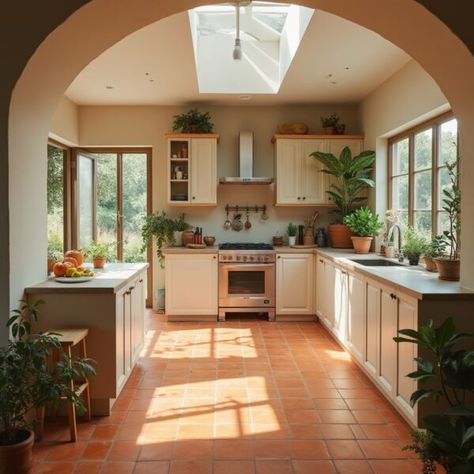 terracotta kitchen tiles on a modern kitchen design Terracotta Kitchen Tile Floor, Small Kitchen Ideas Tile Floor, Terracotta Floor Kitchen Color Schemes, Terracotta Floors Kitchen, Kitchen With Terra Cotta Tile Floor, Terra Cotta Kitchen Floor, Terracotta Floor Tiles Kitchen, Terracotta Floor Kitchen, Kitchen Terracotta Floor