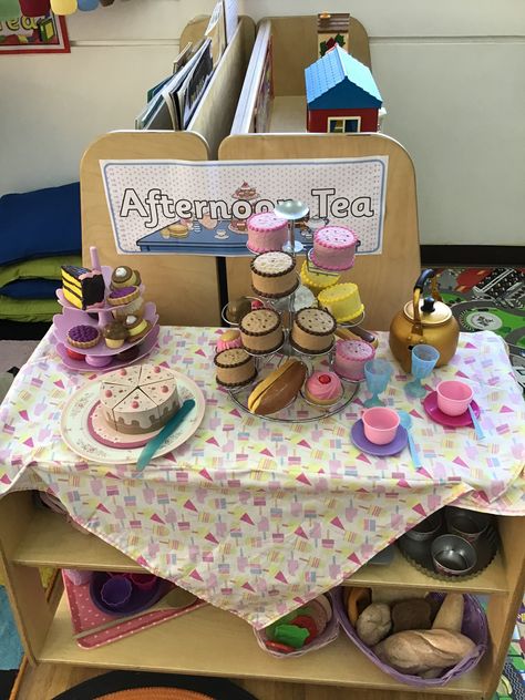 Mini role play afternoon tea Kitchen Role Play Area Eyfs, Tea Party Dramatic Play, Role Play Cafe, Cafe Role Play Area Eyfs, Cafe Role Play Area, Cafe Role Play, Role Play Areas Eyfs, Arts Preschool, Mother's Day Afternoon Tea