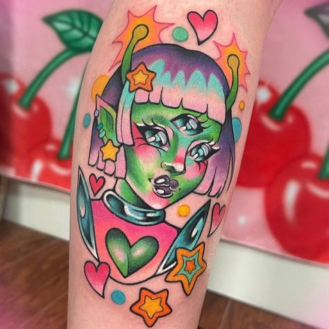 Pink Tattoo Ink, Pastel Tattoo, Traditional Tattoo Inspiration, American Traditional Tattoo Ideas, Traditional Tattoo Ideas, Finger Tattoo For Women, Tattoo Practice, Scary Tattoos, Alien Tattoo