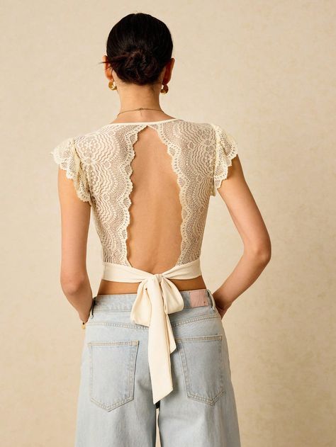 Women's Lace Panel Tie Knot Cutout Backless Crop Top Features Elegant Lace With An Open Back Design. The Knitted Elastic Strap At The Back Complements The Elegant Lace Trim, Making It A Versatile Solid-Colored Piece Suitable For Summer Outings Or Vacation Wear. Apricot Sexy  Cap Sleeve Knitted Fabric Plain  Medium Stretch  Women Clothing, size features are:Bust: ,Length: ,Sleeve Length: Layered Crop Top, Black Crop Tee, Sparkly Skirt, Black And White Beach, Outfits New Year, Cable Knit Sweater Dress, Backless Crop Top, Work Skirts, Vacation Wear