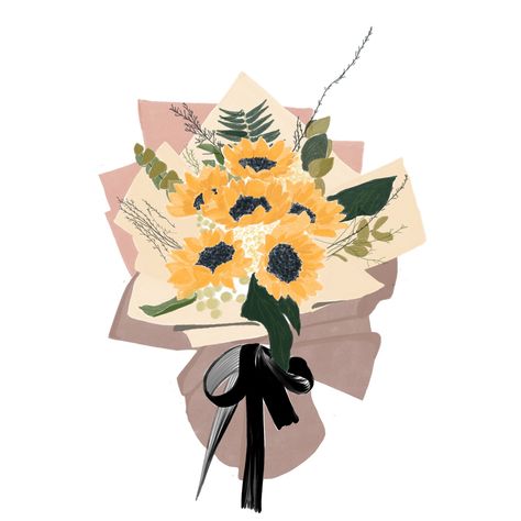 Sunflower Bouquet Drawing Simple, Sunflower Bouquet Drawing, Sunflower Gouache, Sunflower Bouquet Aesthetic, Bucket Drawing, Yellow Flowers Bouquet, Gouache Flowers, Flower Bouquet Drawing, Happy Doodles