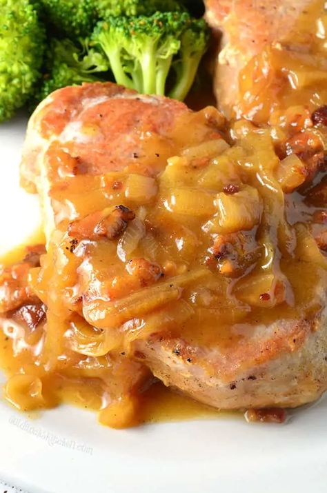 Smothered Apple Cider Pork Chops – The Goldilocks Kitchen Cider Pork Chops, Apple Cider Pork Chops, Apple Cider Sauce, Pork Chops And Applesauce, Apple Cider Pork, Foods Dinner, Thick Cut Pork Chops, Cooking Pork, Glazed Pork