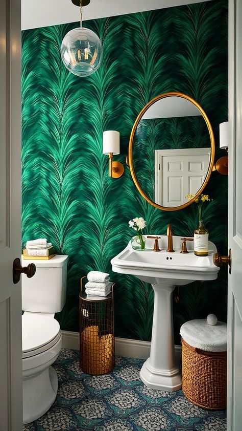 Bold Accents: Emerald Green Wallpaper for a Dramatic Bathroom Decor- Transform your bathroom into a tranquil oasis with our curated list of 20+ Bathroom Decor Ideas featuring stunning green wallpapers, perfect for creating a serene and stylish space. From lush botanical patterns to subtle mint hues, these ideas will inspire you to bring nature's calming palette right into your bathroom decor. Green Wallpaper Bathroom, Dramatic Bathroom, Emerald Green Wallpaper, Throw Pillow Combinations, Fall Throw Blanket, Green Wallpapers, Fern Wallpaper, Black Bathroom Decor, Boho Christmas Decor