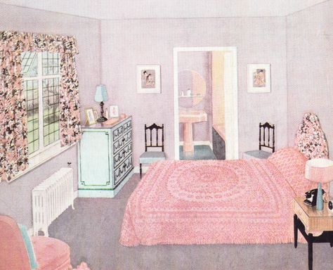 My Home, February 1959 Retro Bedroom Ideas 1950s, 50s Bedroom, 1950s Bedroom, Retro Bedroom Ideas, Pink Bedroom Aesthetic, 1950s Interior, Old Motel, Older Houses, Vintage Librarian