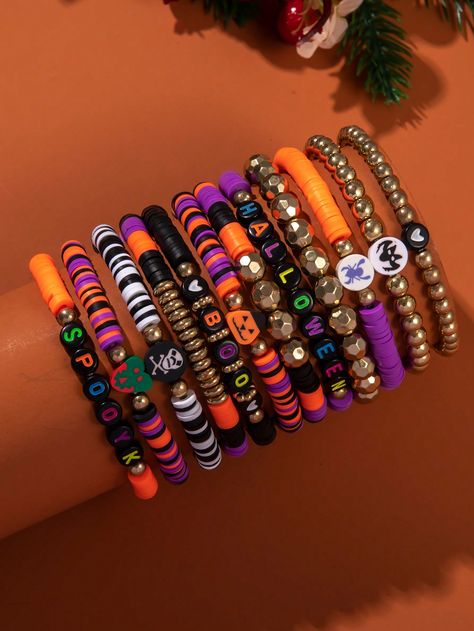 12pcs/Set Pirate, Bat, Spider Themed CCB Beaded Bracelets, Halloween Style Accessories For Women Multicolor         Women Fashion Jewelry, size features are:Bust: ,Length: ,Sleeve Length: Pirate Bracelet Diy, Bracelet Theme Ideas, Halloween Bracelets Ideas, Halloween Bead Bracelet, Halloween Clay Bead Bracelet, Halloween Bracelet Diy, Halloween Friendship Bracelet, Fall Bracelet Ideas, Halloween Bracelet Ideas