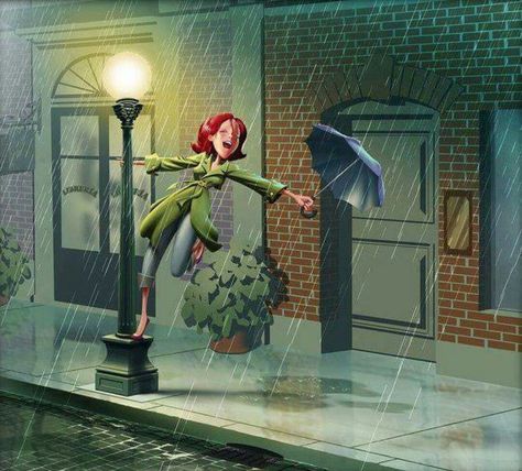 Singing in the rain....my favorite movie when I was younger. Fell in love with Gene Kelly! Rain Illustration, Rain Art, Singing In The Rain, Dancing In The Rain, Dreamy Art, Girly Art, In The Rain, Rainy Days, The Rain