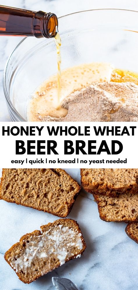 Sweet, chewy, and wholesome, this honey whole wheat beer bread is a delicious whole grain quick bread. All you need is beer and a few simple pantry staples - whole wheat flour, baking powder, honey, and salt. No kneading required and you don't need to buy yeast, either! Whole Wheat Beer Bread, Whole Wheat Soda Bread, Quick Whole Wheat Bread, Whole Wheat Quick Bread Recipes, Whole Wheat Flour Bread Recipes, Whole Wheat Quick Bread, Recipes Using Whole Wheat Flour, Whole Wheat Baking, Recipes With Whole Wheat Flour