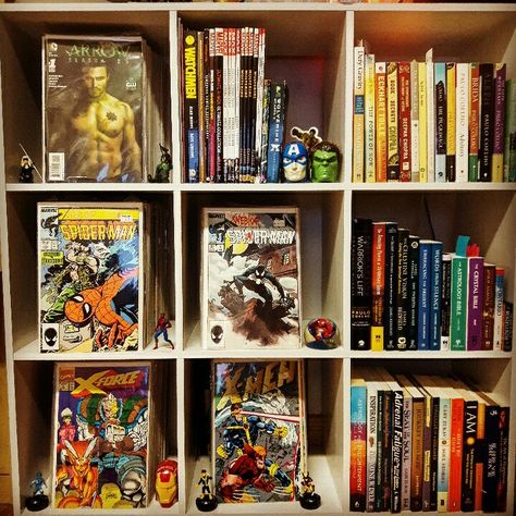 My bookshelf of comics, graphic novels and books. 📚🔥 #marvel Comic Book Bookshelf, Comics Bookshelf, Comic Bookshelf, Comic Room, Games Room Inspiration, School Romance, Nerd Room, My Bookshelf, High School Romance