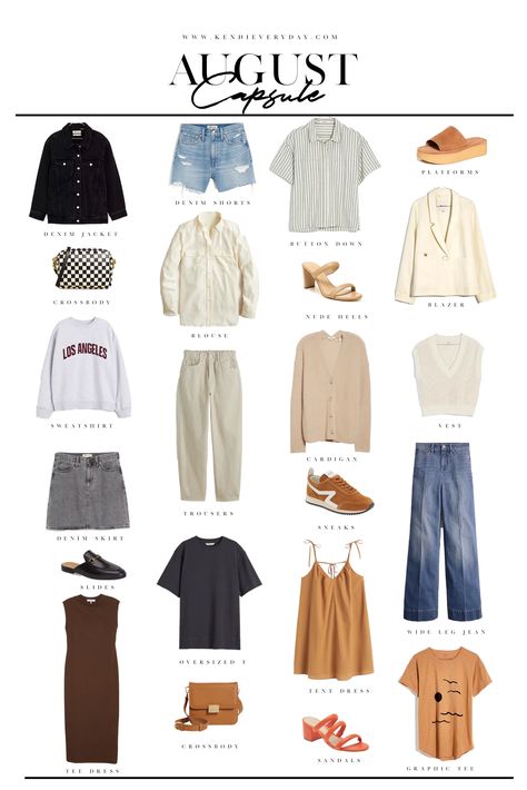 August Capsule Wardrobe | kendi everyday Vancouver Capsule Wardrobe, Late Summer Capsule Wardrobe, August Style Outfits, Late August Outfits, August Fashion 2023, What To Wear In Paris In August, August Outfits Women, Capsule Wardrobe Street Style, Outfit London