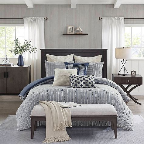 Madison Park Signature Essence Cotton Clip Jacquard Comforter Set - JCPenney Navy Farmhouse Decor, Guest Bedroom Gray, Navy Farmhouse, Modern Farmhouse Bedrooms, Farmhouse Coastal Decor, Kylie Bedroom, Bedroom Paint Color Ideas, Blue White Bedroom, Florida Home Decor