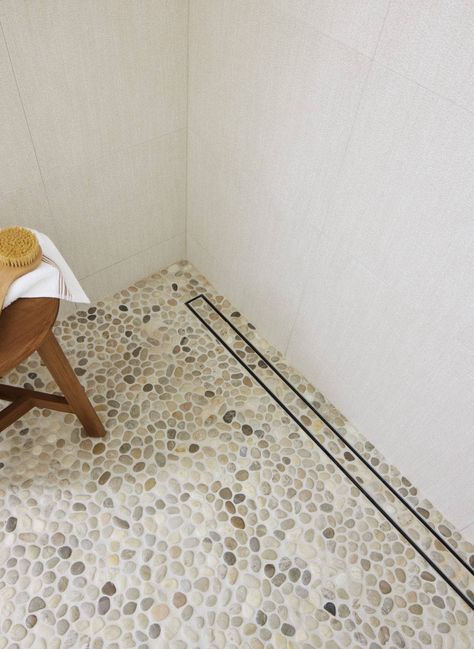 Annie Selke's Palm Springs Desert Oasis - The Tile Shop Blog Pebble Mosaic Shower Floor, Pebble Shower, Pebble Shower Floor, Small Wooden Stool, Small Mosaic, Rock Floor, Pebble Tile, Shower Floor Tile, Feature Tiles