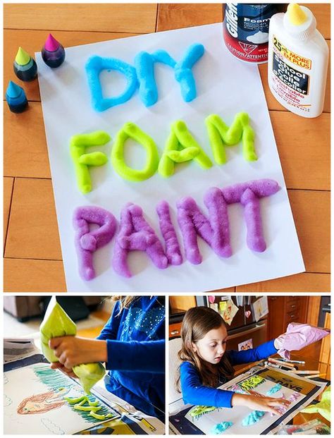 DIY foam paint – mix equal parts shaving cream and glue into a Ziplock bag, add your desired food coloring and then, with the bag sealed, squish the bag together until all your ingredients are nicely mixed together. great for sensory activities. Shaving Cream And Glue, Shaving Cream Art, Shaving Cream Painting, Foam Paint, Homemade Art, Puffy Paint, Diy And Crafts Sewing, Ziplock Bag, Summer Diy