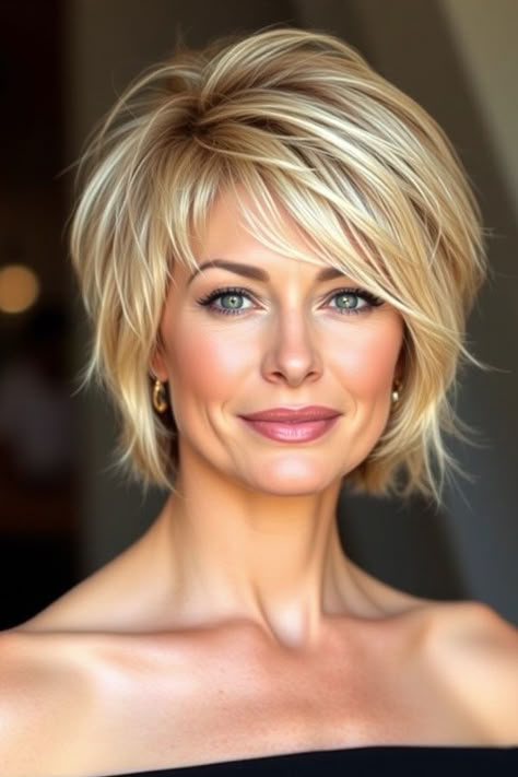 Blonde Medium Shag Hairstyles, Balayage Layered Bob, Julie Pinson Hair, Above Shoulder Layered Haircuts, Layered Stacked Bob Haircut Over 50, Round Layered Bob, Short Blonde Layered Bob, Shaggy Bob Haircuts For Fine Hair, Short Layered Haircuts Women