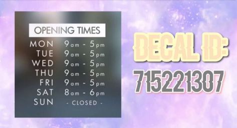 Bloxburg Cafe Hours Decals Codes, Bloxburg Restaurant Sign Decals, Bloxburg Town Name Decals, Bloxburg Cafe Layout, Bloxburg Town Decals, Cafe Decals, Town Decals, Decal Codes Bloxburg, Daycare Layout