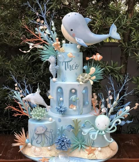 Sea Theme Cake, Super Torte, Ocean Birthday Party, Ocean Cakes, Mermaid Birthday Cakes, Ocean Birthday, Beautiful Birthday Cakes, Creative Birthday Cakes, Baby Birthday Cakes