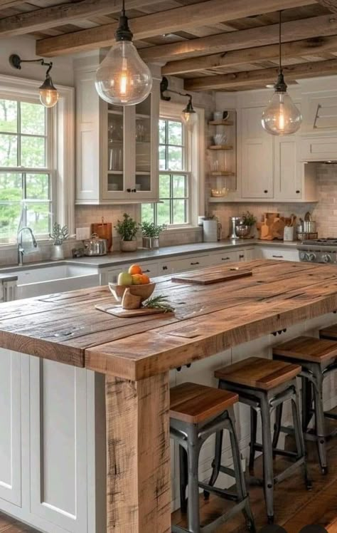 Kitchen Ideas Stove In Island, U Shaped Kitchen With Island Floorplan, White Kitchen Ideas Farmhouse, Kitchen Island And Table Combo, Kitchen Island Table Combo, Angled Kitchen Island, Round Cottage, Kitchen Dining Room Remodel, Barndominium Kitchen